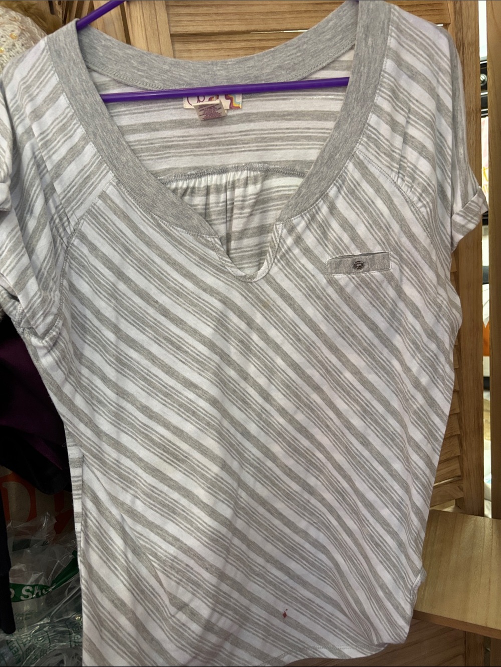OP Striped Short Sleeve V-Neck Tee in Gray and White Junior XL